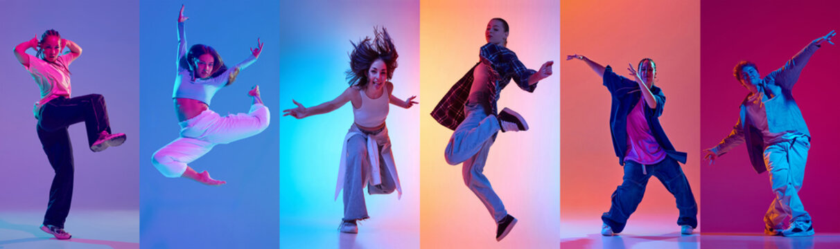 5 vibrant hip-hop dancers collage with energetic poses in colorful studio lighting. Concept of urban dance promotion, youth culture advertising, and expressive movement visuals
