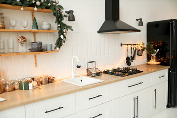 Naklejka premium Christmas white interior. Living room in loft.