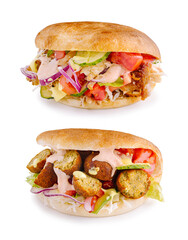 Savory sandwich options featuring fried chicken and falafel in pita