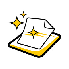 Stylized image of a stack of papers with a folded corner and shining stars around the documents