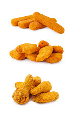 Crunchy fried snacks arranged in three layers on a white background