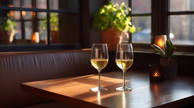 Two glasses of white wine on a sunlit wooden table in a cozy lounge with ambient candlelight - Powered by Adobe