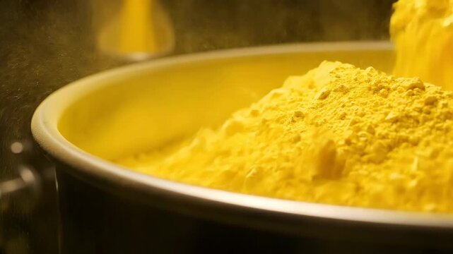 A close-up view reveals a heap of vibrant yellow powder inside a gray metal bowl, set against a dark background with dramatic lighting that accentuates the texture.
