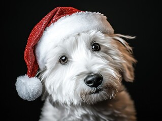 Portrait of white dog dressed as Santa Claus wearing red hat, sitting upright against black studio background with centered composition and copy space for holiday designs.