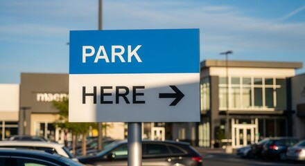 Clear Parking Sign Illustrates Direction to Designated Parking Area for Shoppers and Visitors