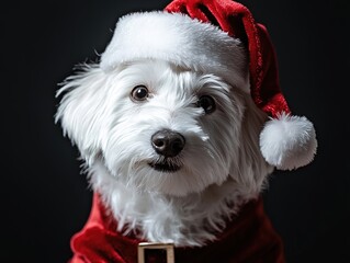 Portrait of white dog dressed as Santa Claus with red hat, sitting upright against black studio background, centered composition with copy space for holiday designs.