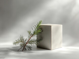 Minimalist gray product photography background with white concrete cube podium and evergreen branch, straight-on view featuring subtle shadows for commercial design.