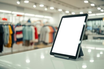 Blank screen tablet on counter at clothing shop or retail store