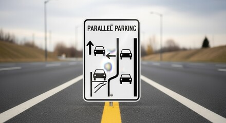 Clear Sign Illustrating Parallel Parking Instructions On Grey Asphalt Roadside Scene