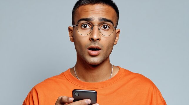 A young Indian man wearing glasses shows an expression of surprise while holding his smartphone. He is dressed casually in an orange shirt and looks engaged in what he is viewing