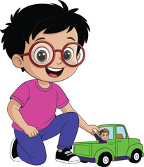 Happy little boy wearing glasses playing with red toy car, cheerful childhood activity, fun learning playtime, cute cartoon illustration