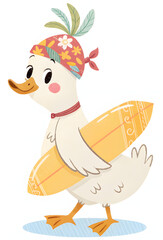 Obraz premium Cute tropical duck wearing a floral bandana and carrying a bright surfboard in a playful summer scene