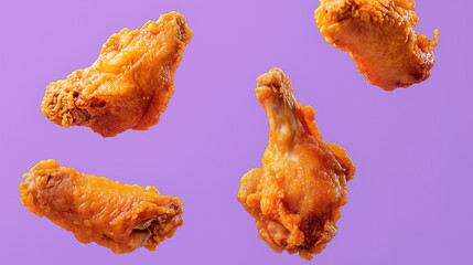 A movie photo of delicious chicken wings falling from the sky, with a purple background and attractive advertising