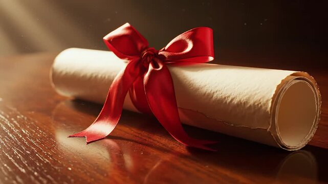Graduation scroll tied with a red ribbon, symbolizing achievement and recognition, presented on a wooden surface with soft lighting