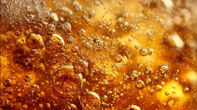 Stunning close up of vibrant golden bubbles floating in liquid, perfect for backgrounds, textures, or adding a touch of luxury to your designs