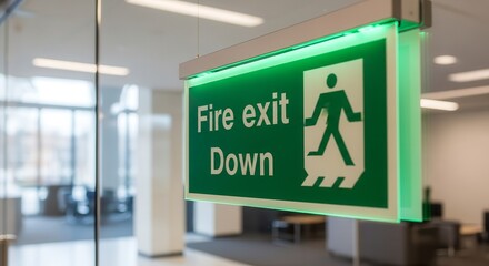 Clearly Illuminated Fire Exit Sign Directing People Downwards For Safety Compliance