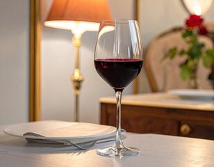 Red Wine Glass on Table in Cozy Room