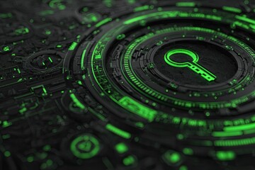 Futuristic, circular design with a neon green lock icon, intricate details, dark background