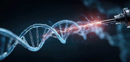 A digital rendering depicts a DNA double helix being "edited" with an energy beam