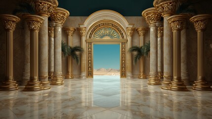 Golden Marble Hall with Desert View Evokes Timeless Luxury and Refined Architectural Details