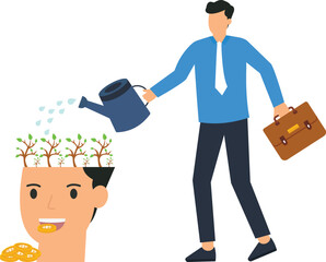 Businessman watering money tree for investment growth personal development financial success concept nurturing ideas with gold coins and watering can