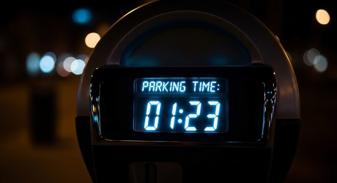 Close-Up of Illuminated Parking Meter Displayed at Night, Showing the Elapsed Time