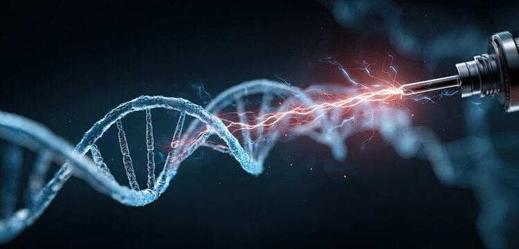 A digital rendering depicts a DNA double helix being "edited" with an energy beam