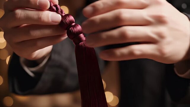 Person's Hands Holding a Burgundy Tassel Graduation, Decoration, Elegant, Close-up Shot
