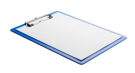 a blue clipboard with blank paper isolated on a transparent background. Ideal for office, documents, stationery, and organizational concepts.