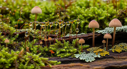 Delicate mushrooms and lush green moss on a decaying log, sparkling with countless pristine water droplets, creating a captivating miniature ecosystem on the moist forest floor