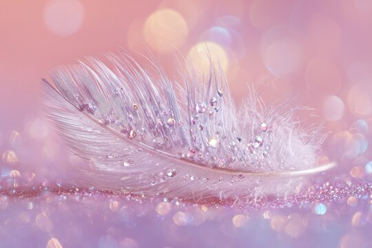 Delicate close-up of a white feather with iridescent sparkles, set against a bokeh background