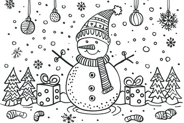 Christmas coloring page featuring snowflakes and cheerful seasonal characters