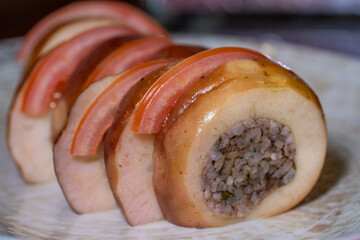 Mediterranean cuisine, olive oil, healthy and delicious  salad varieties with green vegetables.Vegetarian and vegan healty food, open buffet in a luxury hotel. Meze varieties, salad bar.