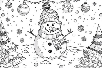 Christmas coloring page featuring snowflakes and cheerful seasonal characters