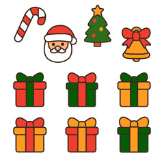 A collection of colorful Christmas holiday icons including Santa, a tree, candy cane, bell, and gift boxes.