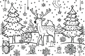 Christmas coloring page featuring snowflakes and cheerful seasonal characters