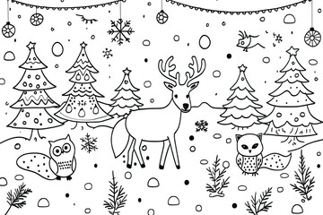 Christmas coloring page featuring snowflakes and cheerful seasonal characters