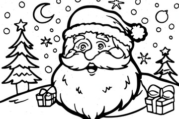 Christmas coloring page featuring snowflakes and cheerful seasonal characters