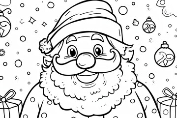 Christmas coloring page featuring snowflakes and cheerful seasonal characters