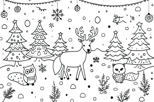 Christmas coloring page featuring snowflakes and cheerful seasonal characters - Powered by Adobe