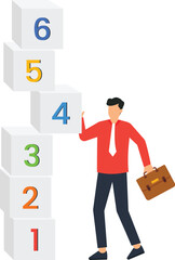 Business growth strategy with businessman building numbered blocks for career progression and achievement milestones. Corporate development and step by step process for success.