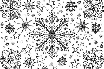Christmas coloring page featuring snowflakes and cheerful seasonal characters