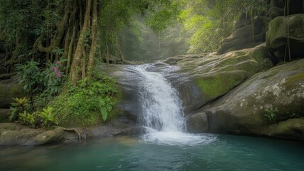 Waterfall cascades into a clear pool in a lush tropical forest setting