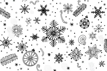 Christmas coloring page featuring snowflakes and cheerful seasonal characters
