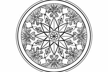 Christmas coloring page featuring snowflakes and cheerful seasonal characters