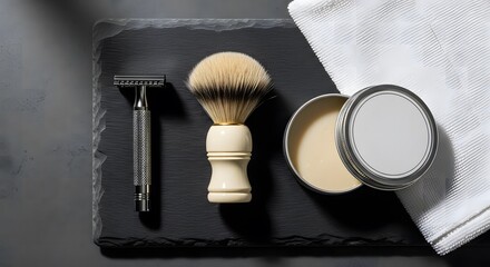 Elegant mens grooming kit razor, shaving brush, cream on slate,