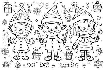 Christmas coloring page featuring snowflakes and cheerful seasonal characters