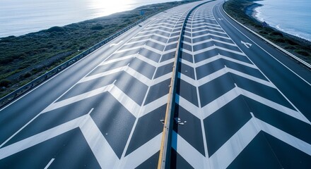 Coastal Highway with Arrow Markings Guiding Traffic Towards the Horizon