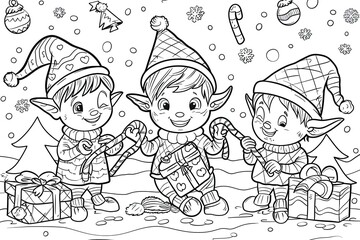 Christmas coloring page featuring snowflakes and cheerful seasonal characters