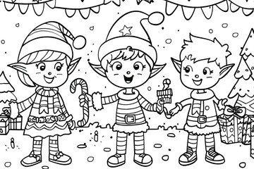 Christmas coloring page featuring snowflakes and cheerful seasonal characters
